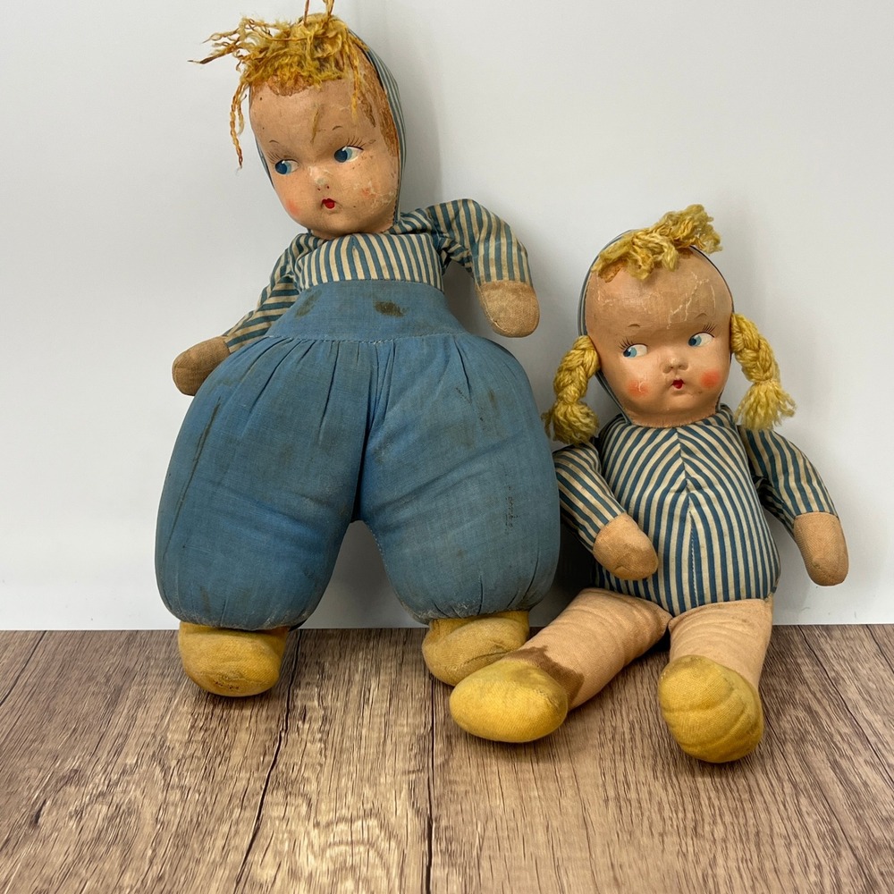Antique Handmade Cloth Dolls‎ Blue Stripe 1930s Creepy Haunted Pair Vtg Oddities